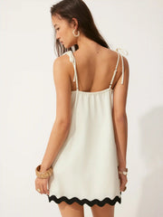 Linen-blend V-neck Contrasting A-line Mini Dress