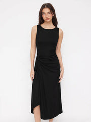 Boat Neck Side Twist Draped Mandarin Midi Dress