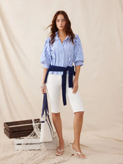 Cotton Striped Lantern Sleeve Collar Blouse