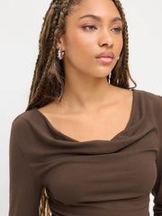 Cowl Neck Long Sleeve Asymmetrical Hem Ruched Top