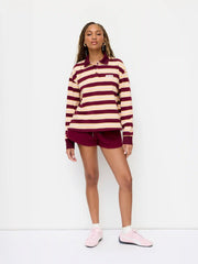 Cotton-blend Stripe Polo Neck Long Sleeve Oversized Sweatshirt
