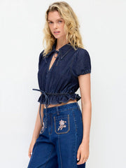 Puff Sleeve Tie-Front Ruffle Hem Denim Crop Top