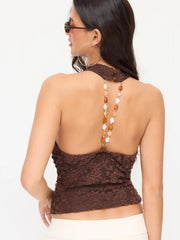 Lace Halter Neck Ruched Backless Pearl Detail Top