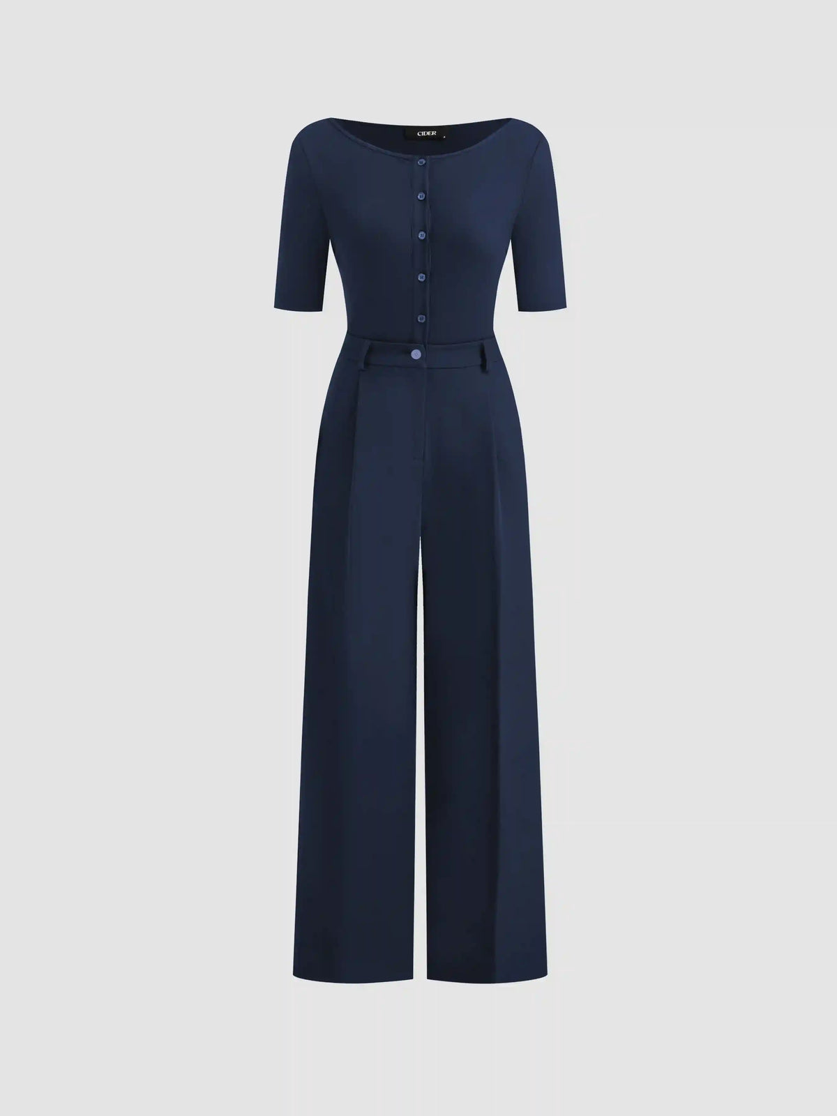 Boat Neck Button Mid-length Sleeve Jumpsuit