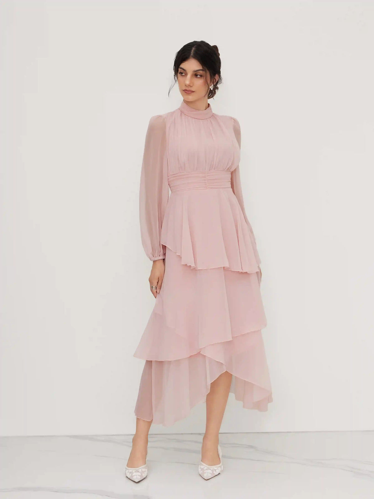 Chiffon Stand Collar Ruched Layered Asymmetrical Hem Maxi Dress