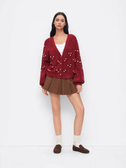 Knit V-neck Faux Pearl Lantern Sleeve Oversized Cardigan