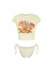 V-neck Ruched Tie Side Bikini Set With Floral Cover Up Top