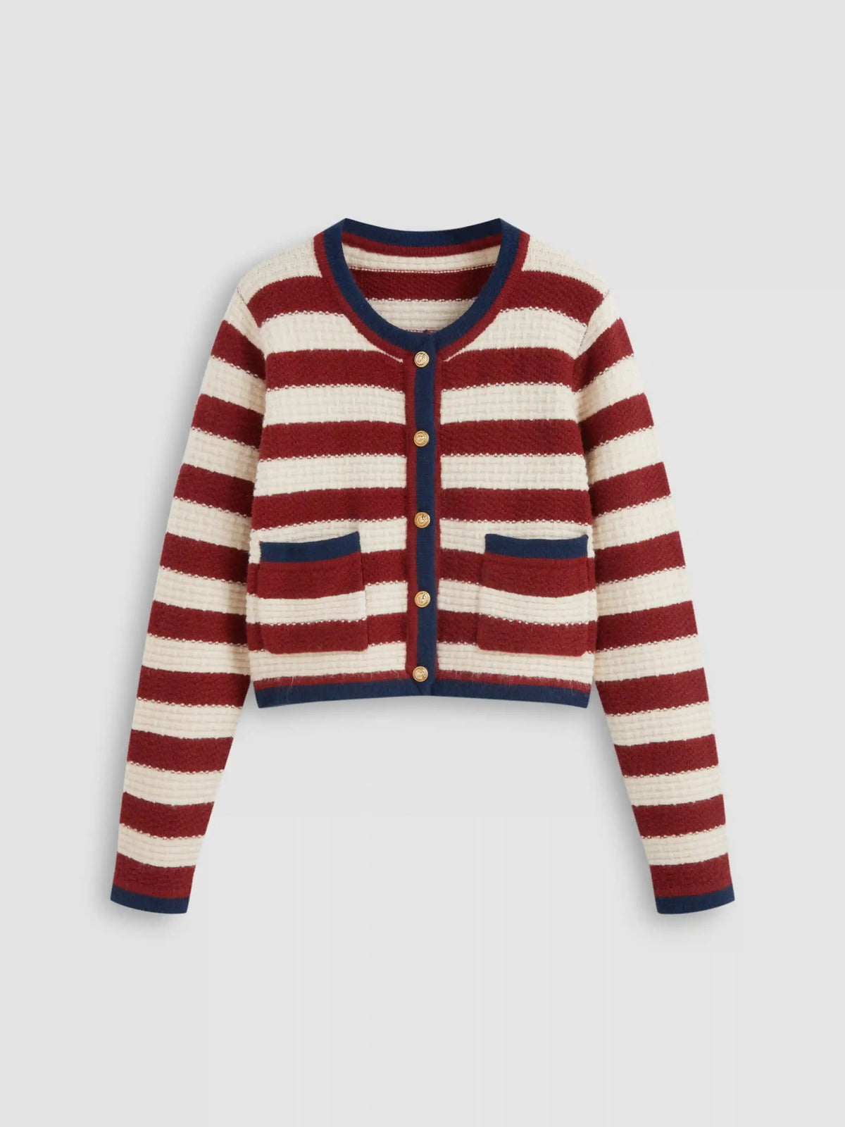 Knit Round Neck Striped Contrasting Binding Pocket Cropped Cardigan