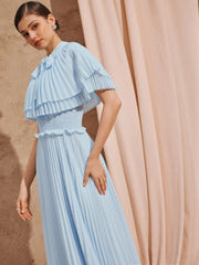 Chiffon Stand Collar Cloak Sleeve Pleated Shirred Flared Maxi Dress