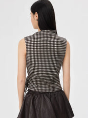 Gingham Stand Collar Asymmetrical Hem Ruched Knotted Top