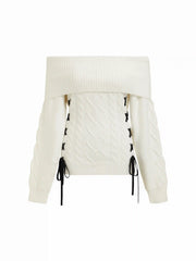 Cable Knit Asymmetrical Neck Bowknot Side Tie Top