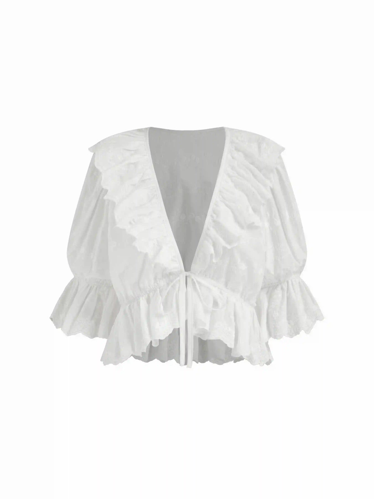 Cotton V-neck Middle Lantern Sleeve Ruffled Oversized Blouse