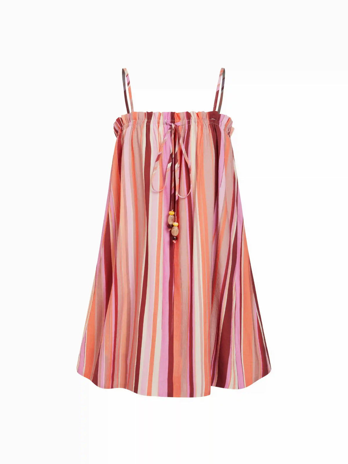 Striped Square Neck Beaded Knotted Lettuce Trim Oversized Mini Dress