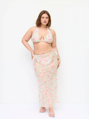 Halter Neckline Floral Tie Side Bikini Set With Skirt Curve & Plus