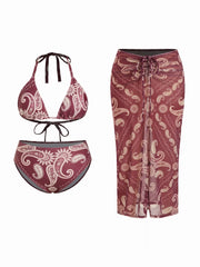 Paisley Halter Neckline Triangle Bikini Set With Sarong Curve & Plus