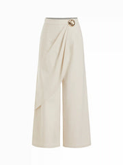 Linen-blend Mid Rise Asymmetrical Metal Detail Wide Leg Trousers