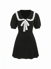 Knit Lace Trim Bowknot A-line Mini Dress