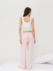 Built-in Bra Square Neck Bowknot Lace Trim Crop Tank Top & Mid Rise Drawstring Wide Leg Trousers Loungewear Set