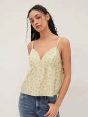 Cotton-blend V-neck Floral Lettuce Trim Ruffle Cami Top