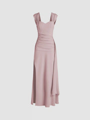 Satin Sweetheart Ruched Split Maxi Dress