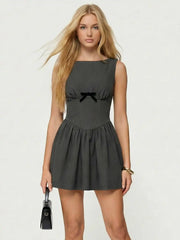 Round Neck Bowknot Babydoll Mini Dress