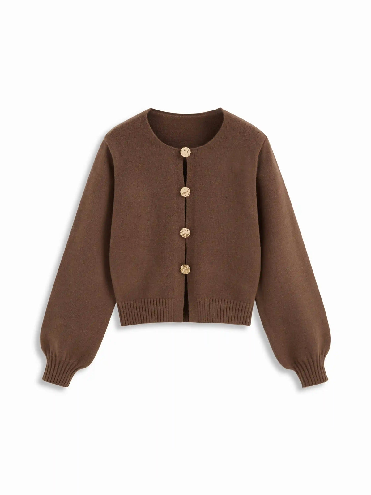 Knit Round Neckline Lantern Long Sleeve Metal Button Sweater