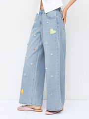 Denim Low Rise Heart & Star Graphic Applique Wide Leg Jeans