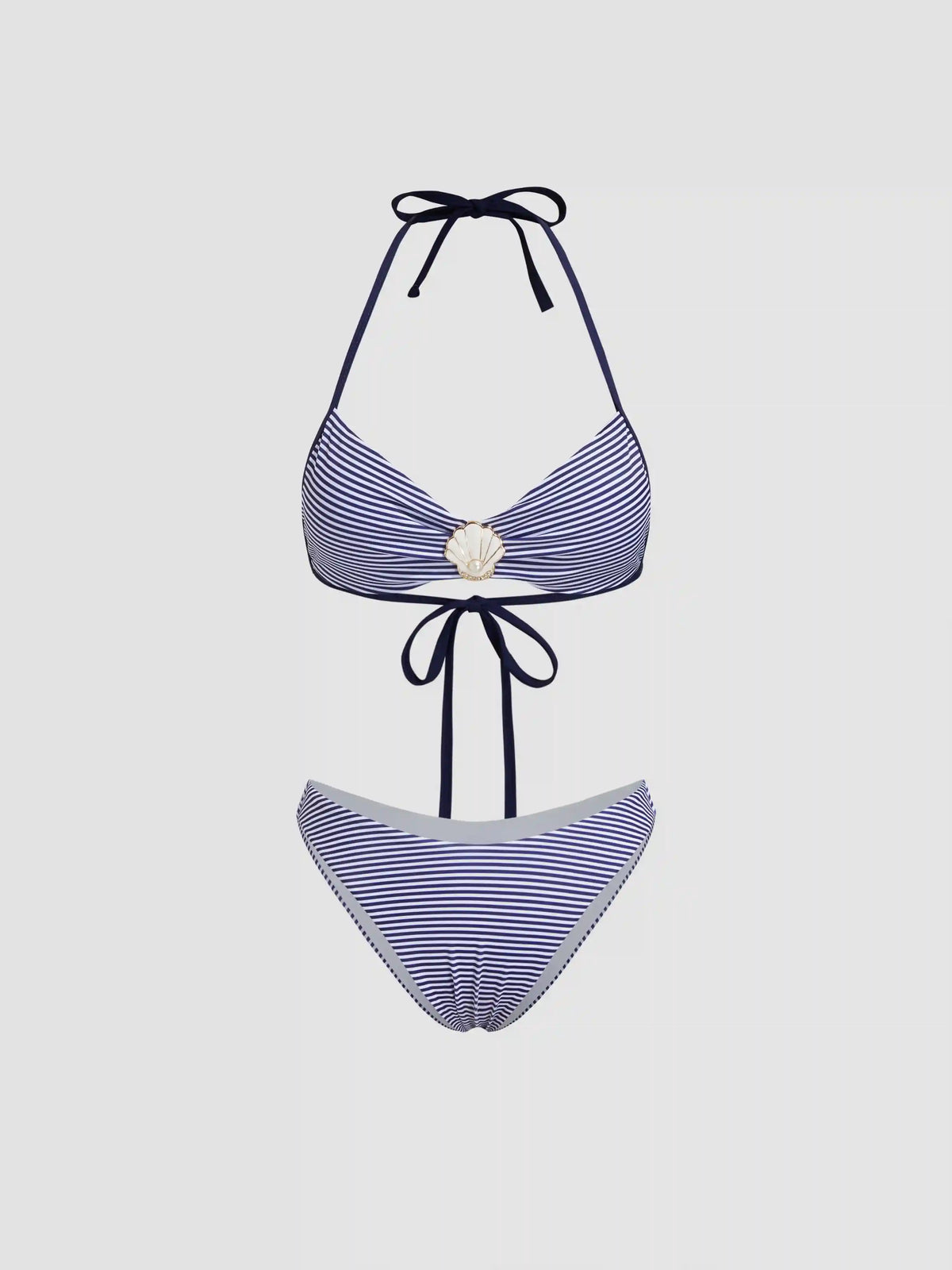 U-neckline Stripe Shell Detail Ruched Bracelet Cheeky Bikini Set