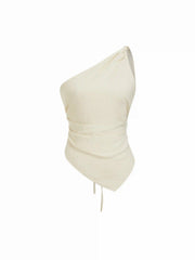 Linen-blend Asymmetrical Neck Ruched One-Shoulder Top