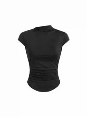 Cotton-blend Stand Collar Ruched Short Sleeve Tee