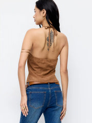 Halter Neck Fringe Button Front Top