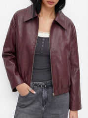 Faux Leather Collar Long Sleeve Zip Through Biker Jacket