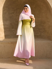 Satin Stand Collar Gradient Lace Up Bell Sleeve Flared Maxi Dress