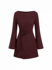 Boat Neck Bell Sleeve Tie Side Ruched Mini Dress