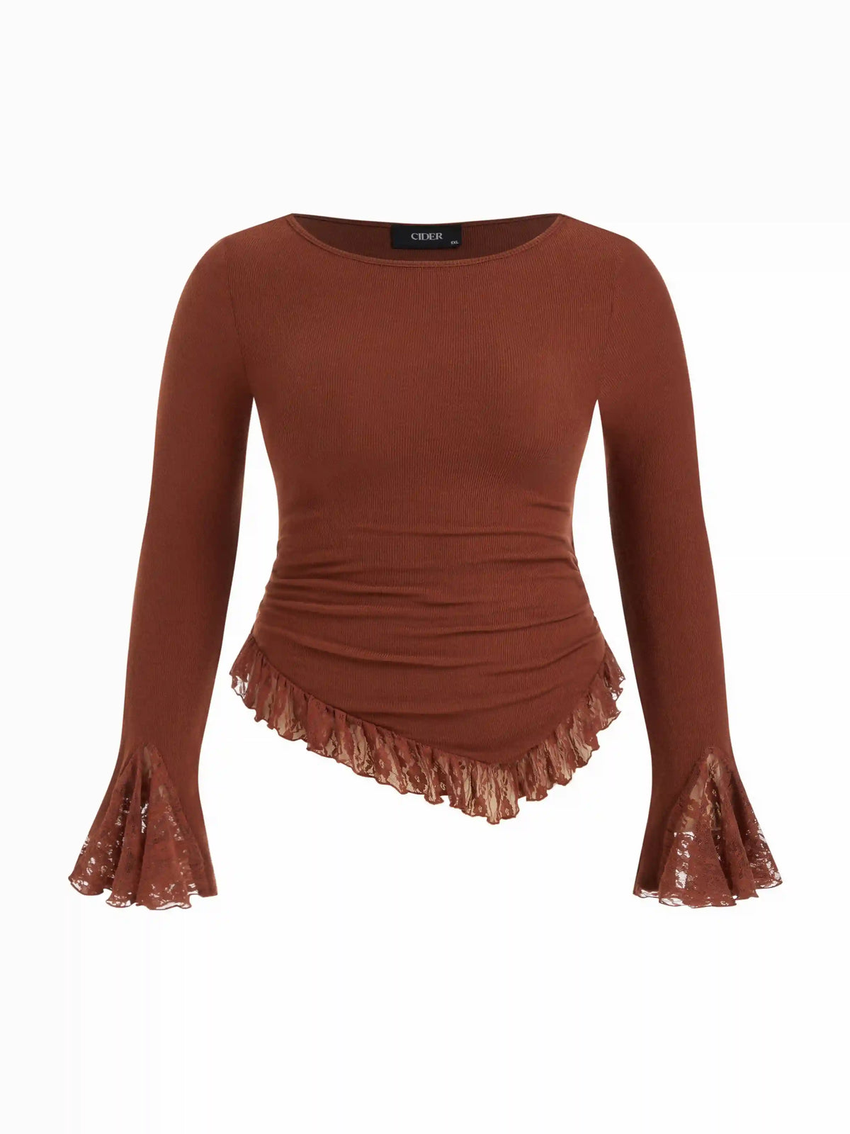 Round Neckline Lace Trim Ruched Long Sleeve Top Curve & Plus