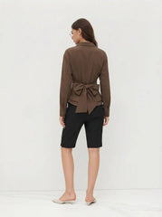 Collar Wrap Ruched Bowknot Long Sleeve Blouse