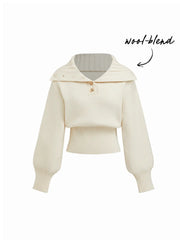 Knit Wool-blend Collar Long Sleeve Metal Button Cinched Waist Top