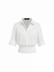 Cotton Collar Middle Sleeve Shirred Hem Shirt