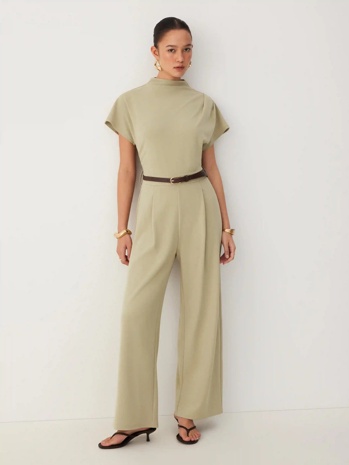 Stand Collar Ruched Short Sleeve Straight Leg Jumpsuit With