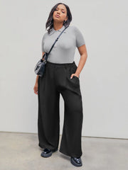Mid Waist Pleated Pocket Wide Leg Pants Curve & Plus