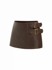 Faux Leather Mid Rise Belted A-line Mini Skort