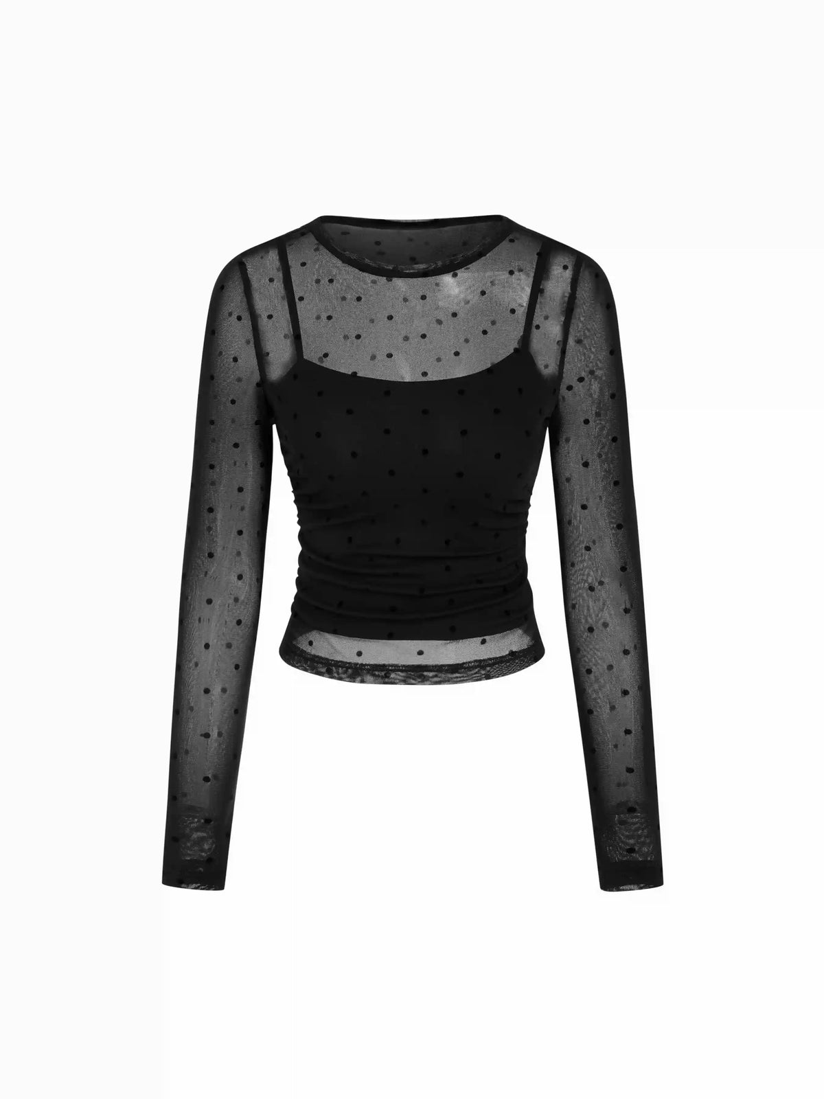 Two-piece Mesh Boat Neck Polka Dot Top & Solid Cami Top