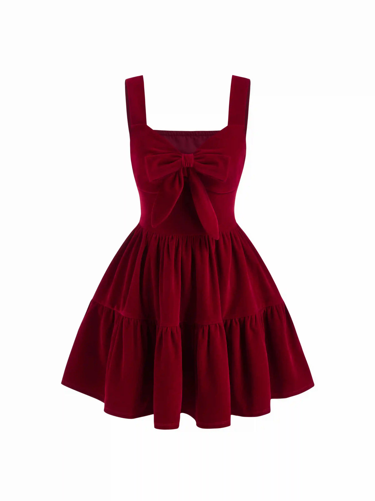 Velvet Sweetheart Neck Bowknot Tiered Ruffle Hem Mini Dress