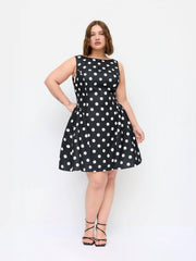 Boat Neck Knotted Polka Dot Backless Mini Dress Curve & Plus