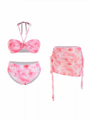 Floral Halter Neck Bandeau Top & Mid Rise Bikini Bottom With Wrap Skirt Three-piece Bikini Set Curve & Plus