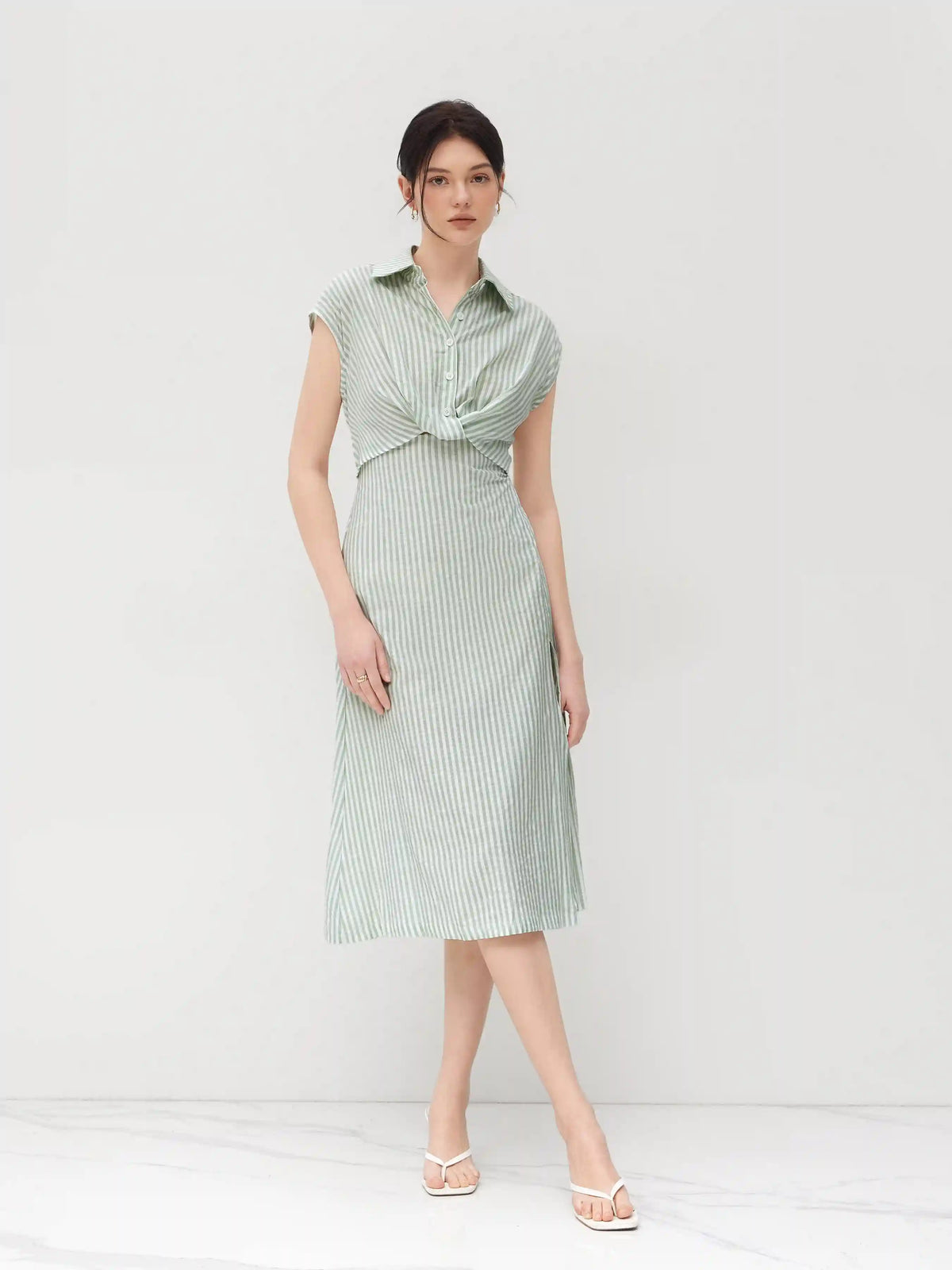 Cotton-blend Collar Striped Split Midi Shirt Dress