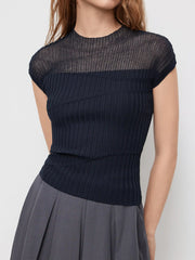 Knit Round Neckline Lettuce Trim Short Sleeve Top