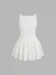 Linen-blend Boat Neck Backless Ruffle Mini Dress