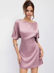 Satin Boat Neck Batwing Sleeve Oversized Mini Dress