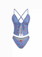 V-neck Check Cherry Graphic Criss-Cross Bikini Set